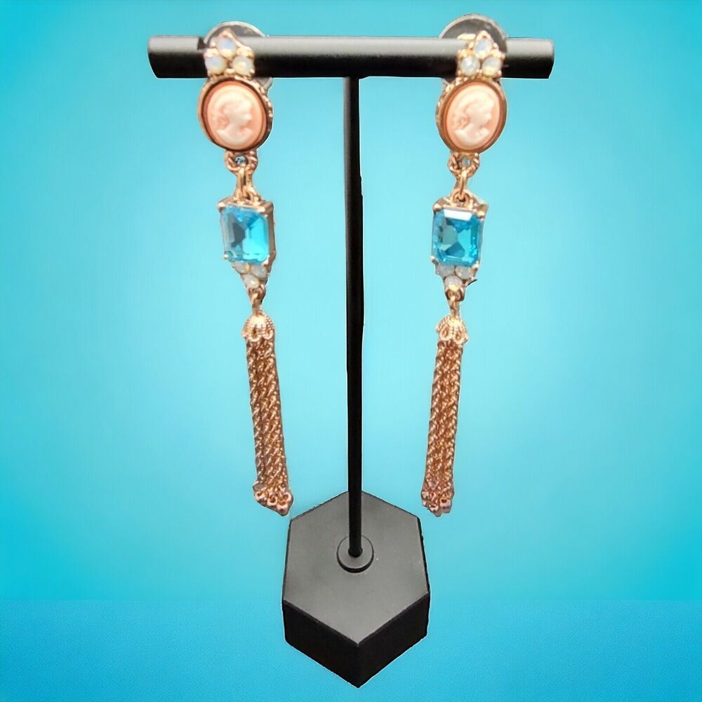 NWT Vintage 4" Betsey Johnson Cameo Blue Rose Gold-Tone Dangle Chain Earrings